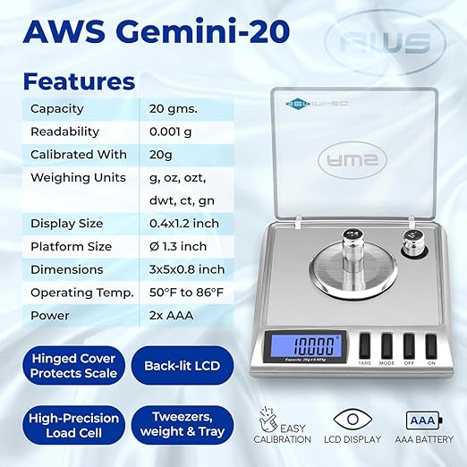 AWS Gemini-20 Milligram Scale 20g x 0.001g–Digital Jewelry/Lab Scale for Powder, Gold, Gems – Includes Calibration Weights, Tweezers & Tray–Tare, Cal, 6 Units (Gemini - 20 - Silver)