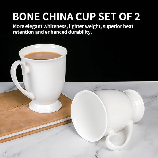 Luxury Fine Bone China White Coffee Mugs Set of 2 (8 oz), Ceramic Euro Style Tea Cups, Elegant Durable Coffee Cups Set for Gifts, Women, Men, Mom, Dad, Wedding