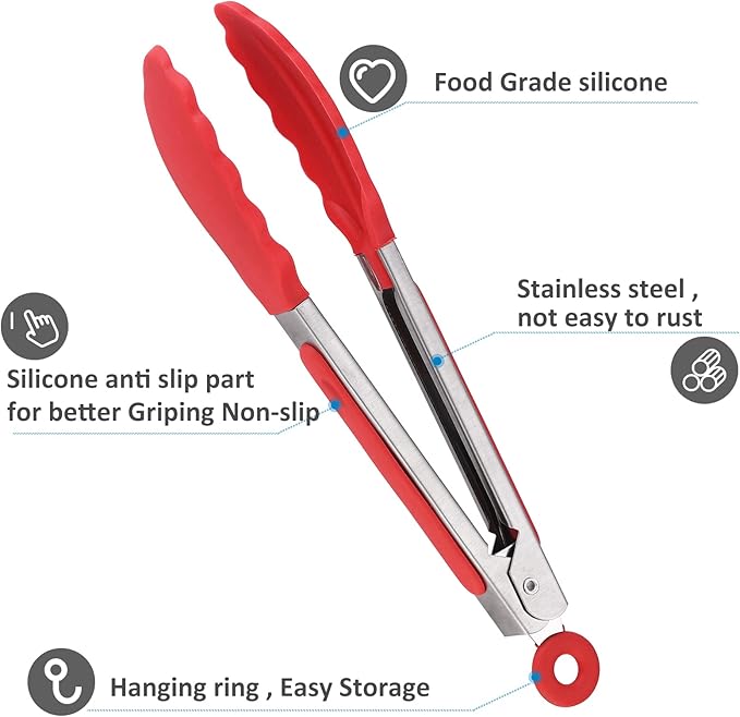 Small Tongs For Cooking,7 inch Kitchen Mini Tongs with Silicone Tips Great for Air Fryer Cooking Serving Tong Set of 3 Turning Appetizers,Veggies,Salad,Grilling,Frying,Food tong (Red Blue Green)