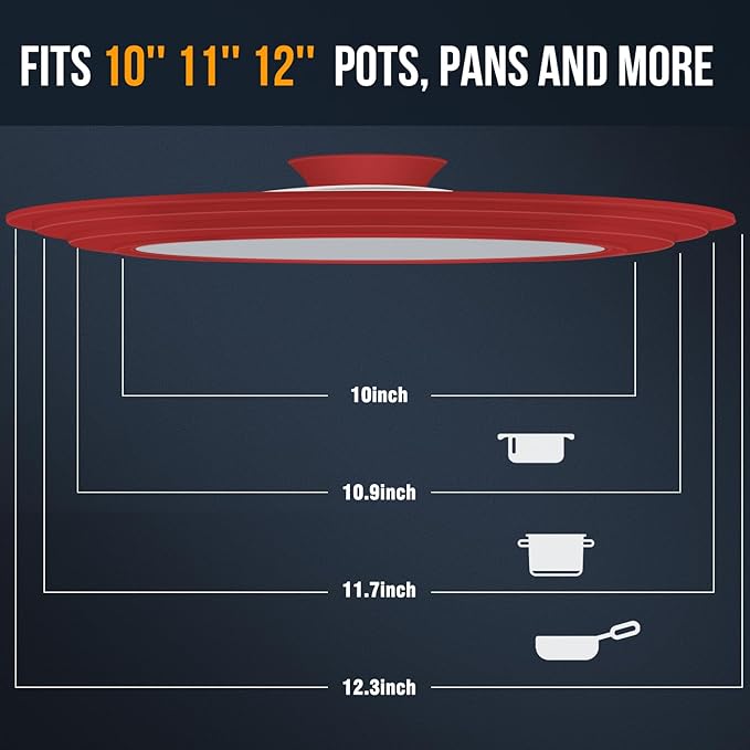 Universal Lid for Pots, Pans and Skillets - Walfos Tempered Glass Pan Lid with Heat Resistant Silicone Rim, BPA Free Large Pot Lids Fits 10", 11" and 12" Diameter Cookware, Dishwasher-Safe, Red