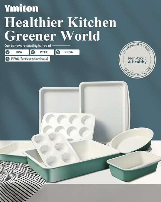 Ceramic Nonstick Baking Pans Set, Non Toxic 33 PCS Stackable Bakeware Sets, 550°F Oven Safe Baking Sheet & Pans, Warp-Free, Dishwasher Safe, PTFE/PFOA/PFOS-Free (Green)