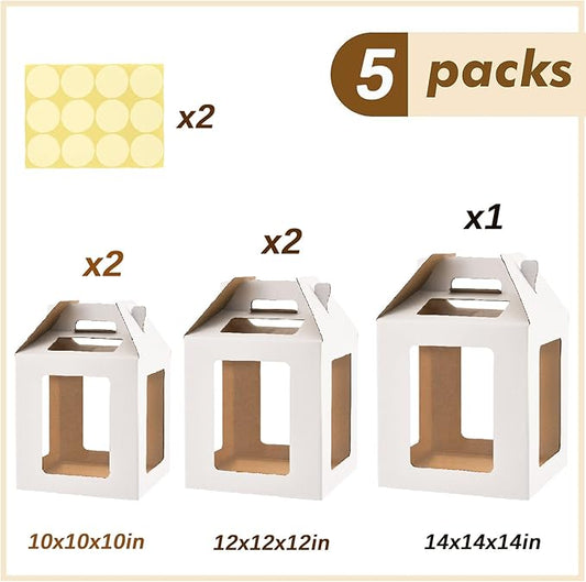 Tall Cake Boxes 6 Windows with handle, In 3 Size 10x10x10&12x12x12&14x14x14inch Cake Carrier,Square Cake box,Take Out Transport Containers for Wedding, Birthday, Party(5Pcs-White)