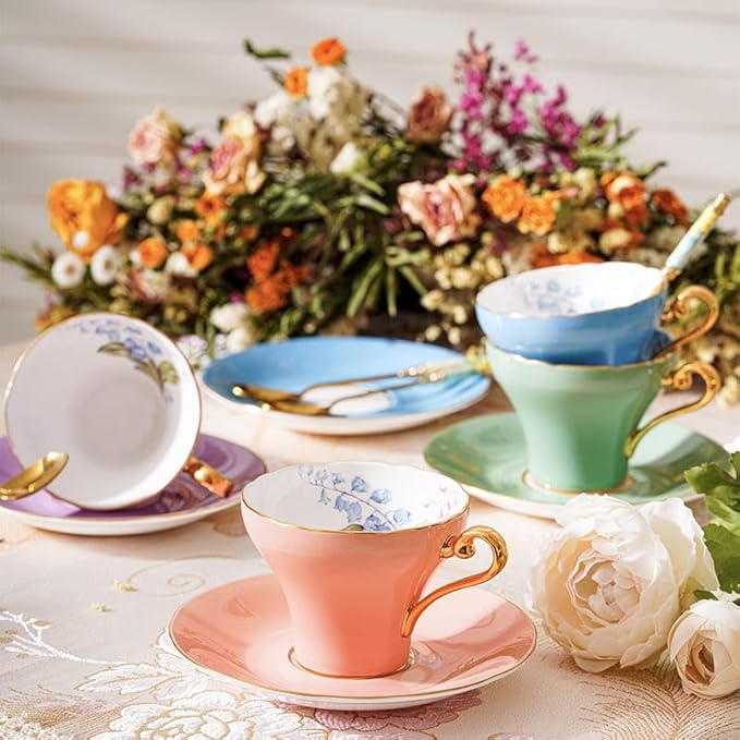 Aynsley Handpainting Colored Glaze Lily of the Valley Corset Fine Bone China English Tea Cup and Saucer Set, 6.1 oz (Orange)