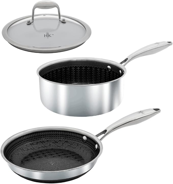 Hell's Kitchen Hybrid 3 Piece Set, 8-inch Frying Pan, 2.5 Qt Saucepan and Tempered Glass Lids, Tri-Clad Stainless Steel and PFAS-Free Ceramic Nonstick, Metal Utensil Safe, All Cooktops, Oven Safe