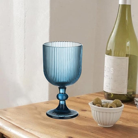 Blue Vintage Wine Glasses Set of 6, 11 Ounces Colored Glass Water Goblets, Unique Embossed Pattern High Clear Stemmed Glassware Wedding Party Bar Glass Drinking Cups Fancy Glasses Vertical Line