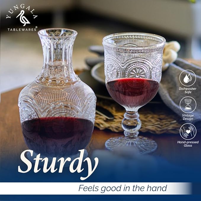 Yungala Vintage Wine Glasses,Set of 6 Glass Goblets for Water, Wine or Cocktails - Fancy Wine Glasses with a retro vibe. Sunflower Embossed Design on sturdy dishwasher-safe glasses.