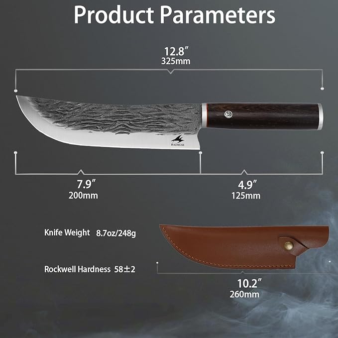 Professional 7.8-inch Chef Knife, High Carbon Stainless Steel Blade for Cutting Meat, with Leather Sheath Scabbard, Ash Wood Handle, Suitable for Kitchen, Outdoor Cooking, BBQ