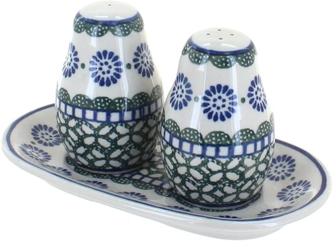 Blue Rose Polish Pottery - Green Maia Salt & Pepper Shakers with Tray - 3.5" Tall - Hand-Painted Ceramic Seasoning Set for Table & Kitchen