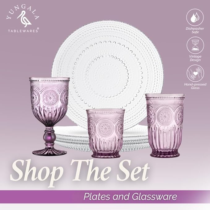 Yungala Purple Wine Glasses set of 6 purple goblets. GLASS goblets for wine, water or cocktails, vintage glassware and DISHWASHER SAFE, colorful glassware.
