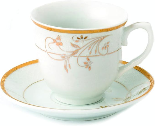 World Gifts Elegant Durable and Colorful Porcelain Tea-Coffee Cups and Saucers Set - Gold Floral Design, Set of 4
