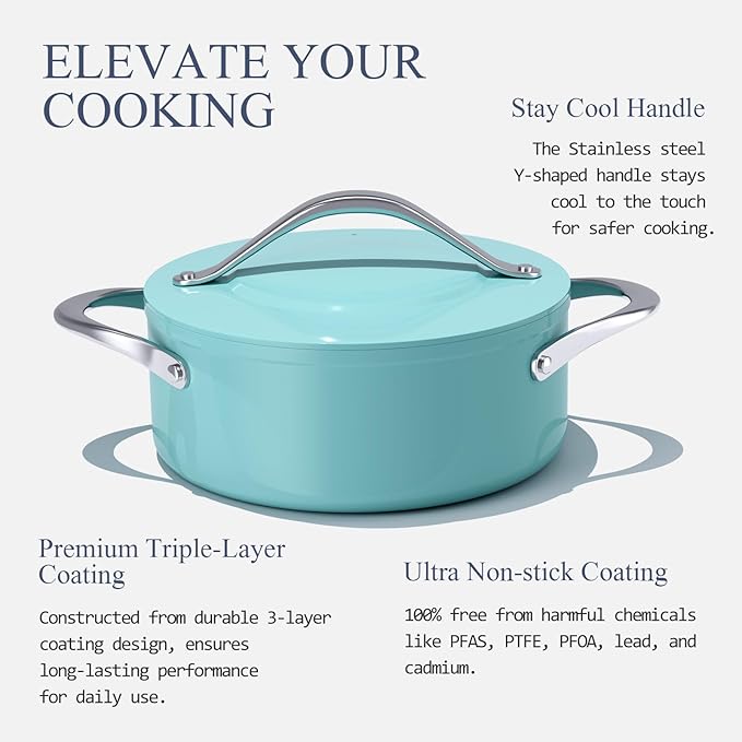 Stock Pot 4.5qt Dutch Oven with Lid (9.5") Nonstick Ceramic Coated Non-Toxic PFAS-Free Even Heat Distribution for Braising, Baking Bread & Soups, Compatible for All Cooktops(Induction/Gas/Electric) Oven Safe to 500ยฐF (Caribbean Blue)