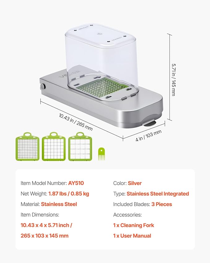 VEVOR Vegetable Chopper, Food Veggie Cutter with 3 Stainless Steel Blades, Onion Slicer with Container, Salad Potato Dicer Kitchen Gadgets & Essentials Home Appliances Tools for Easy DIY, Silver
