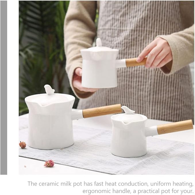 Unomor Mini Sauce Pan Ceramic Milk Pan Porcelain Tea Pot with Lid Wooden Handle 350ml Butter Warmer Mini Cooking Pot Coffee Pitcher for Soup Drink Kung Fu Tea White