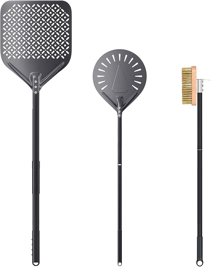3 Piece Pizza Oven Kit Turning Peel 9 Inch, 12"x14" Aluminum Perforated Pizza Peel, Commercial Oven Brush Accessoires for Home, Restaurant