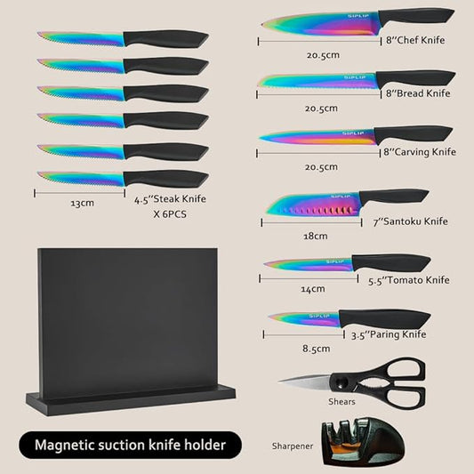 15-Piece High Carbon Stainless Steel Kitchen Knife Set with Magnetic Holder - Includes Chef's, Bread, Serrated Steak Knives and Sharpener