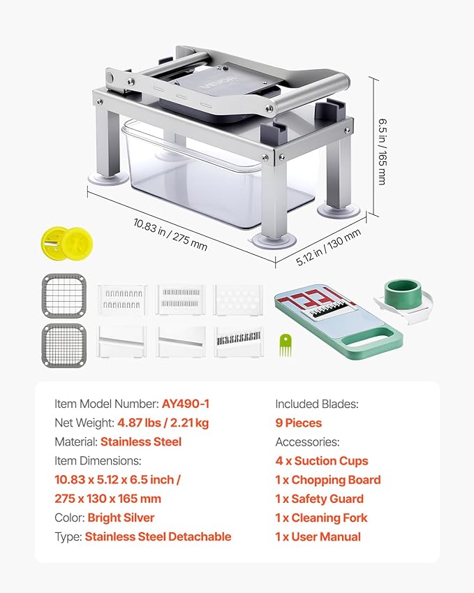 VEVOR Vegetable Chopper Mandoline Slicer, All-in-1 Food Veggie Cutter with 9 Stainless Steel Blades, Cheese Grater Onion Potato Dicer with Container,Salad Spiralizer Kitchen Gadgets&Essentials