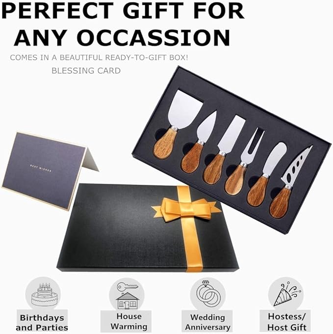Premium 6-Piece Cheese Knife Set,Complete Stainless Steel Cheese Knives Collection (Acacia Wood Handle)-Charcuterie Boards Accessories,Gift-Ready