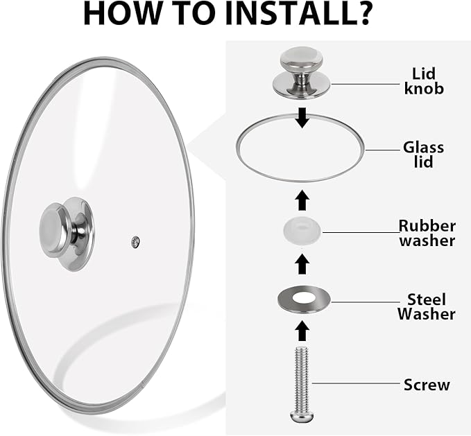 10.25 inch Tempered Glass Lid for Pots, Frying Pans and Skillets, Replacement Cover with Stainless Steel Knob Handle, Dishwasher Safe