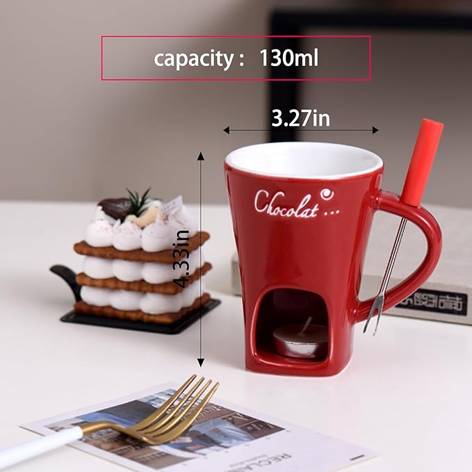 Multi functional ceramic chocolate hot pot cup set,fondue cup, portable and easy to use, suitable for candle heating, creative dessert tools, with fork Gift Selection (red)