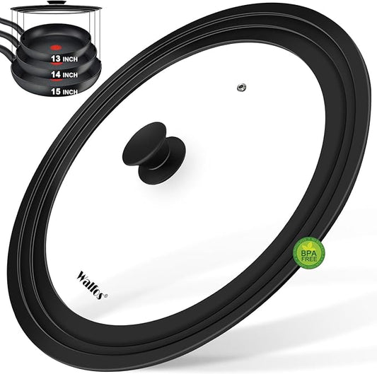 Walfos Universal Lid for Pots, Pans and Skillets - Tempered Glass with Heat Resistant Silicone Rim, Fits 13", 14" and 15" Diameter Cookware