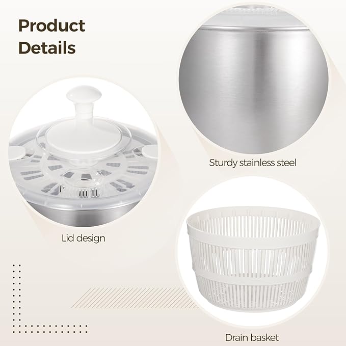 Stainless Steel Salad Spinner 5 L, 360° Quick Spin Function, BPA-Free Lid, Anti-Slip Base, Removable Design for Fruits, Vegetables, Pasta, and More
