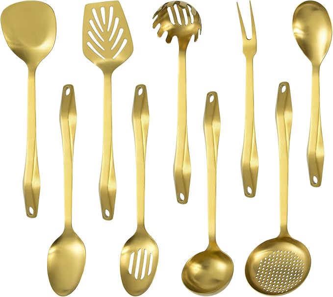 304 Stainless Steel Kitchen Utensil Set - 9pcs Cooking Utensils, Metal Kitchen Utensil Spatula Sets Cookware,High temperature resistance Kitchen Tool Set for Hanging Dishwasher Safe(Gold)