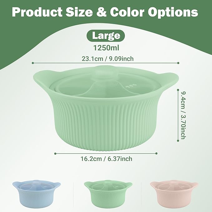 Silicone Microwave Steamer - Microwave Pot Steamer Basket Bowl for Baby Food, Vegetables & Dumplings, Compact & Lightweight Design, Oven & Dishwasher Safe (Green, L 42oz(1250ml))
