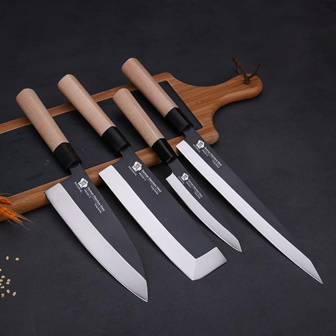 WILDMOK Set of 4 GYUTO Sushi Chef Knives-Yanagiba-Deba-Nakiri-Utility Kitchen Knife, Fish Slicing Filleting Knife Sets with German Steel Blade & Traditional Wooden Handle