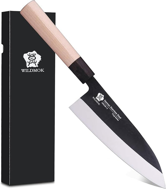WILDMOK 7 Inch Deba Knife - Asian Usuba Salmon Sashimi Knife with German Stainless Steel Blade & Traditional Wooden Handle
