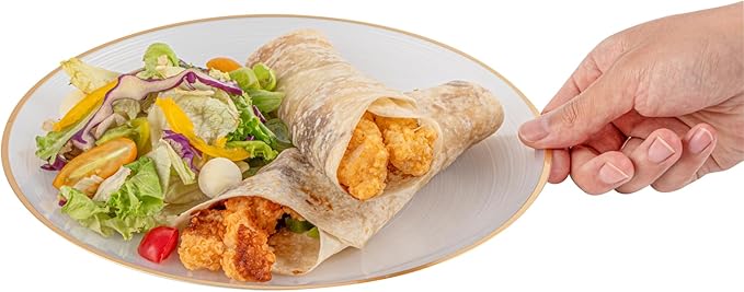 Restaurantware Plastic Plates 20 Pcs 10" Gold Rimmed Disposable Plates Heavy-Duty White Translucent Rippled Plastic Dinner Servers for Party, Weddings, Salads, Desserts, and Appetizers