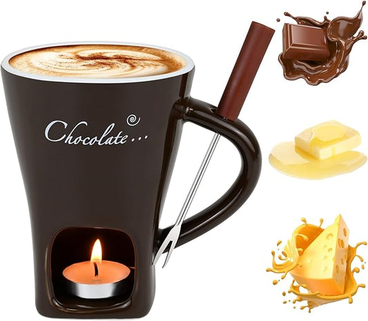 Sweet Fondue Cup for Chocolate Cheese Candy Butter - Chocolate Fondue Mug with Fork & 4 Candle, Mini Ceramic Chocolate Melting Cup, Personal Chocolate Melting Pot for Date Night Birthday (Coffee)