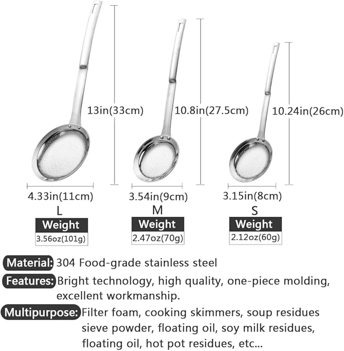 Sieve Fine Mesh Strainer Set Stainless Steel Metal Flat Cooking Skimmer Ladle Colander With Handle Food Strainer Kitchen Tools For Kitchen Baking Oil Filter Flour Sifter Foam,L M Small 3Pack
