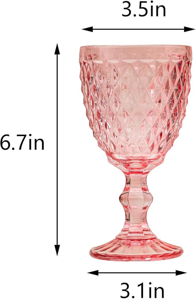 24 Pcs Vintage Wine Glasses, 10 Ounce Colored Glass Water Goblets, Unique Embossed Pattern High Clear Stemmed Glassware Wedding Party Bar Glass Drinking Cups, Diamond Pink Glasses Set of 24