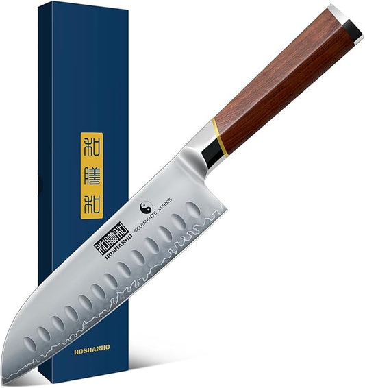 7 Inch Santoku Knife,Professional Japanese High Carbon Steel Chef Knife, Razor Sharp Kitchen Knife with Ergonomic Red Sandal Wooden Handle - Gift Box