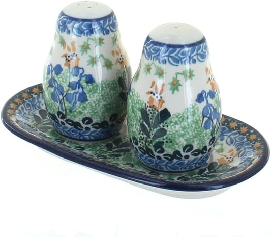 Blue Rose Polish Pottery - Yellow Lily of the Valley Salt & Pepper Shakers with Tray - 3.5" Tall - Hand-Painted Ceramic Seasoning Set for Table & Kitchen