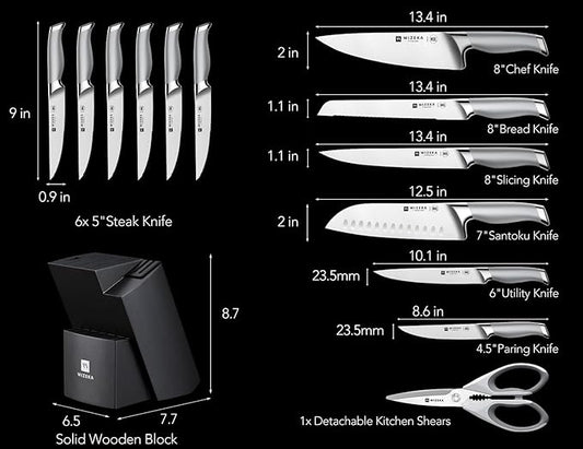 WIZEKA Kitchen Knife Set with Block: 15PCS Easy-Care Knife Block Set with Sharpener, One-Piece German Stainless Steel Kitchen Knives, Silver Wings Series