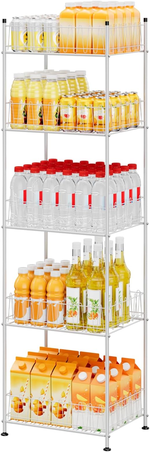 Water Bottle Storage Organizer 5 Tier Metal Water Bottle Holder Shelf Drink Beverage Soda Can Organizer Rack Bottled Water Stand for Floor Classroom Kitchen Food Storage, Silver