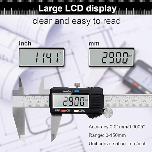 Caliper Measuring Tool, Qfun Vernier Digital Caliper Stainless Steel 6 Inch/150mm, Digital Micrometer Waterproof, Easy Switch from Inch to Millimeter, Large LCD Screen