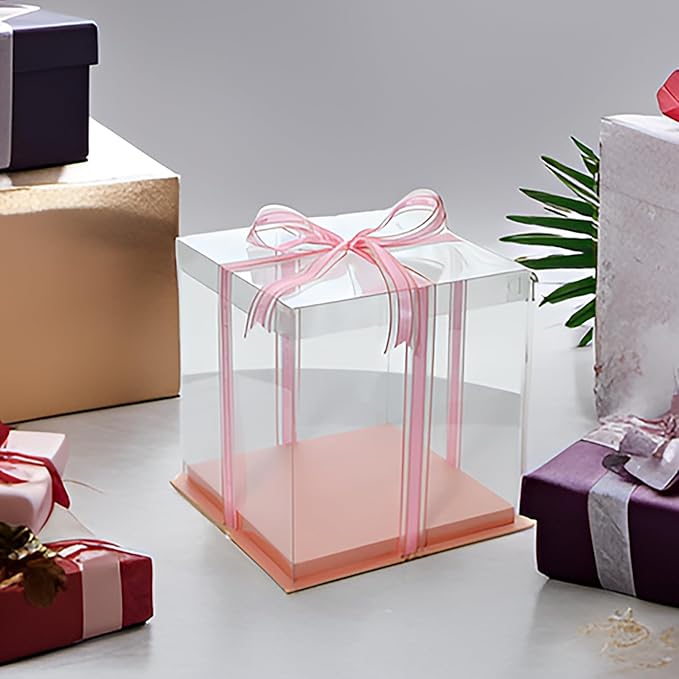 XININSUN pink clear cake box with ribbon,6inch 8inch cake boxes,transparent cake box cake carrier,Square Cardboard Cake Containers clear gift boxes for Wedding,Birthday,Party(6pcs)