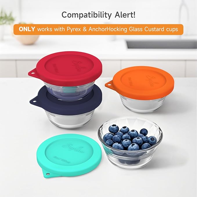 Sophico Silicone Replacement Lids for Pyrex and Anchor Hocking Glass Custard Cups 6oz, Round Silicone Cover for Food Storage (Container not Included)