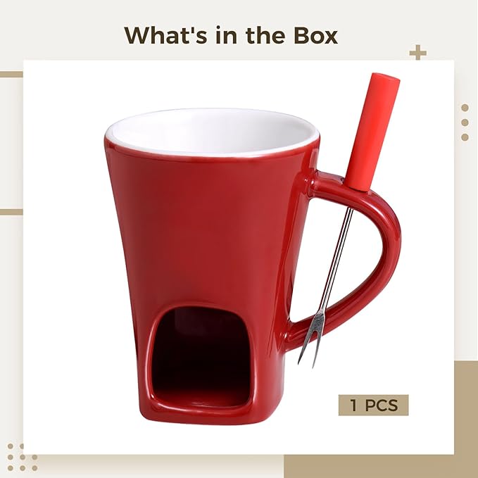 Homaisson Ceramic Chocolate Fondue Mug, Chocolate Melting Mug, Red Ceramic Cup for Melting Chocolate, Cheese, or Butter, Includes Fork and Candle Holder, Great for Parties and Presents