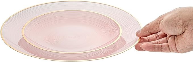 Restaurantware Plastic Plates 40 Pcs 7.13" and 10" Combo Gold Rimmed Plate Set Disposable Heavy-Duty Pink Translucent Rippled Plastic Dinner Servers for Party, Weddings, Salads, Desserts