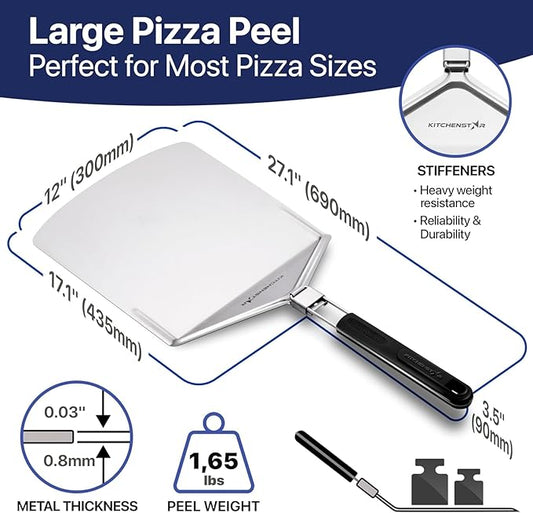 KitchenStar Stainless Steel Pizza Peel 12 inch with 10 inch Folding Handle, Medium - Spatula Paddle for Effortless Pizza Transfer & Easy Storrage - Outdoor Pizza Oven Accessories