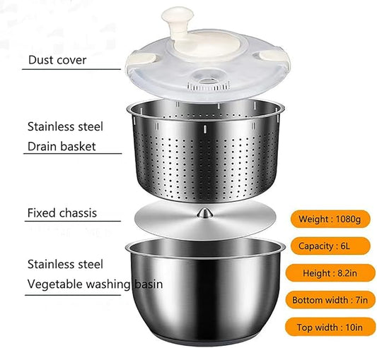 6L Stainless Steel Salad Lettuce Spinner, Fruit Vegetable Cleaner Vegetable Washer Spinner Quick Spin for Household Vegetables and Pasta Fries Spinner Essential Kitchen Utensils spinners (B)