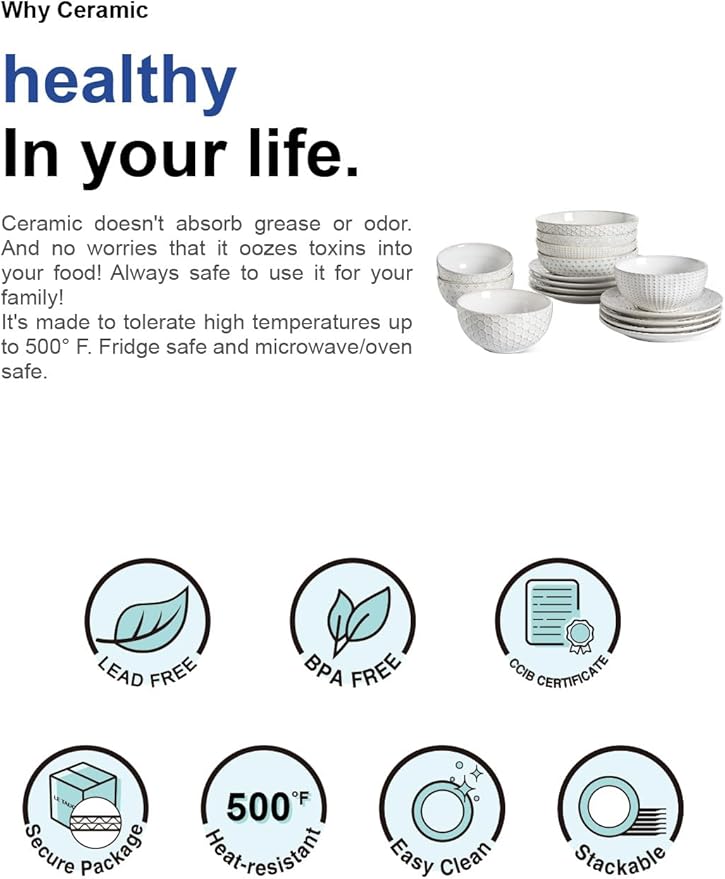 LE TAUCI Dinnerware Sets 16 PCS, Ceramic Plates and Bowls Set, Suit For House Warming Wedding, Serve for 4 (10" Dinner Plates + 8" Salad Dish + 22 oz Cereal Bowl+32 oz Pasta Bowls) x 4, Arctic White
