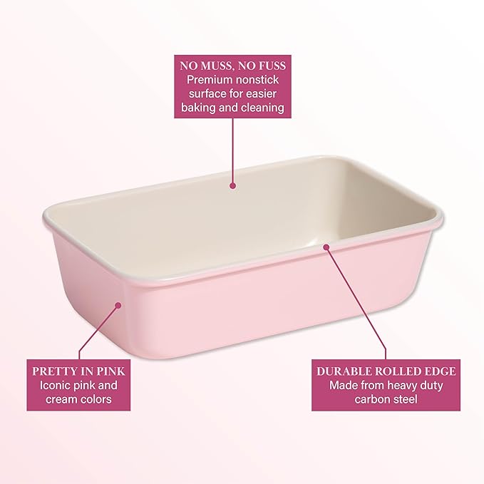 Paris Hilton Nonstick Carbon Steel Bakeware Collection, 9-Inch x 5-Inch Loaf Pan, Dishwasher Safe, Made without PFOA and PFAS, Pink Cream Two-Tone