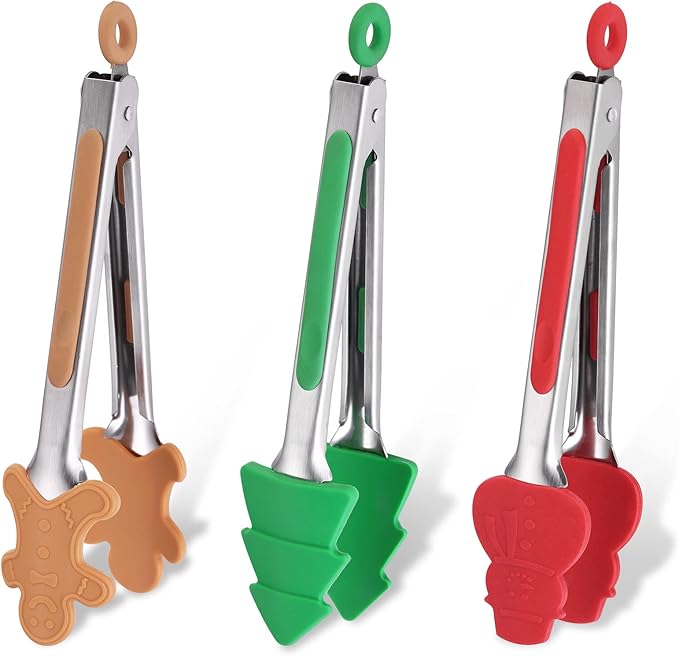 3-Piece Christmas Silicone Mini Tongs Set, 7-Inch Small Style Tongs for Cooking, Kids' Festival Set (Christmas Tree, Snowman, Gingerbread Man)