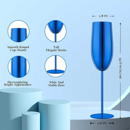 Champagne Glasses Set of 2 Stainless Steel Champagne Flutes Wedding Gifts for Bride 8.5 oz Unbreakable Champagne Glasses for Party Wedding Christmas Anniversary Brithday (Blue)