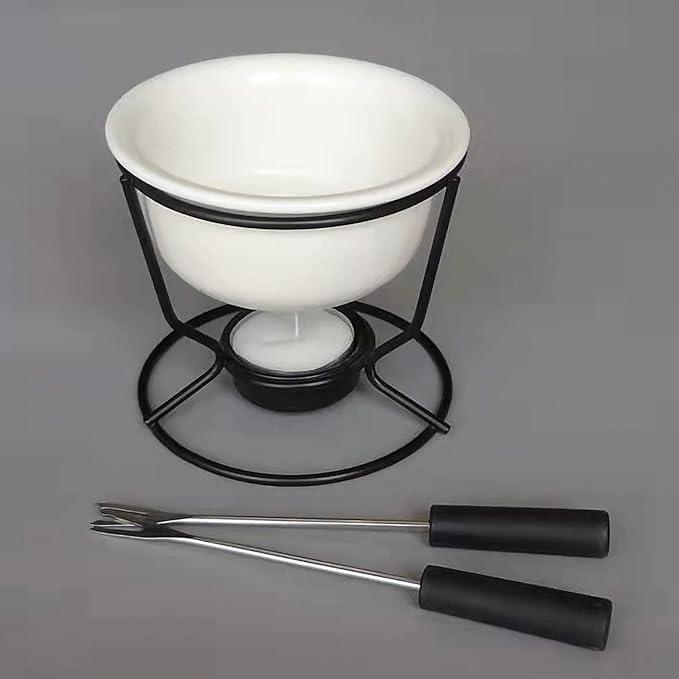 Ceramic Butter Warmers Personal Seafood Fondue Set with Shelf Candle Two Forks, Used for Melted Sauce Keeps Heat, 10 * 9.5cm