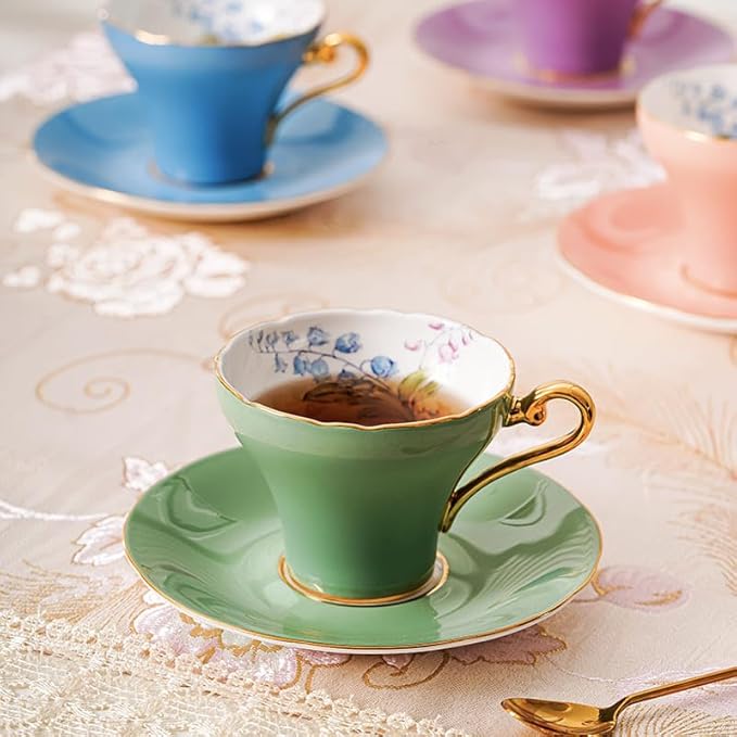 Aynsley Handpainting Colored Glaze Lily of the Valley Corset Fine Bone China English Tea Cup and Saucer Set, 6.1 oz (Green)